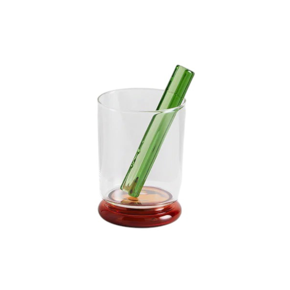 Maison Balzac Bloody Mary Cocktail Glass – clear glass with bold red base and green glass stirrer, shown empty on white background