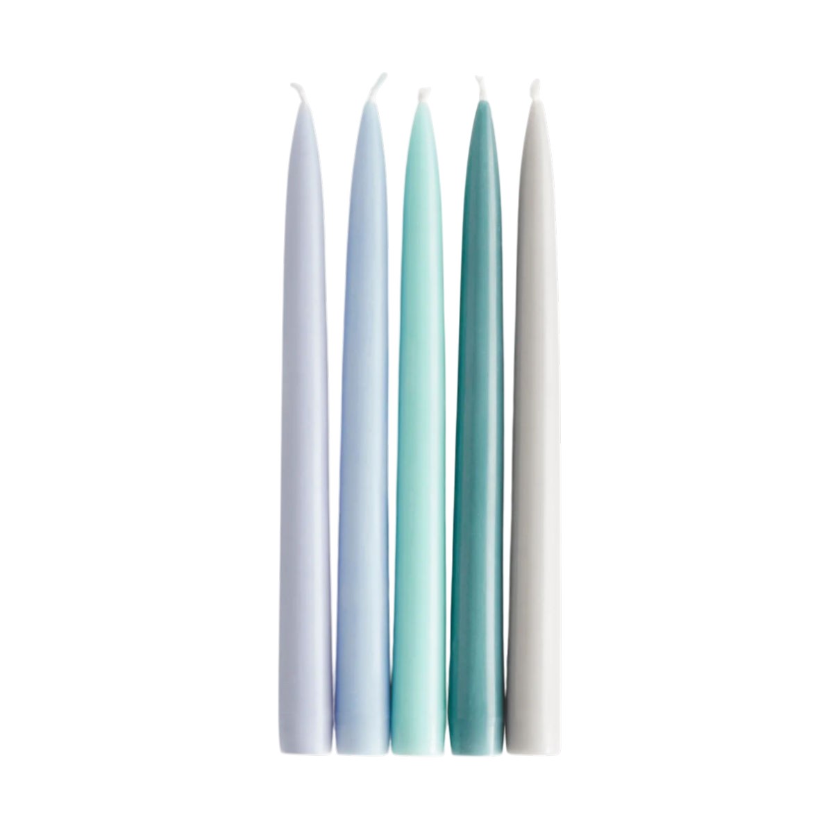 Set of five gradient candles in white, light blue, and green on a white background