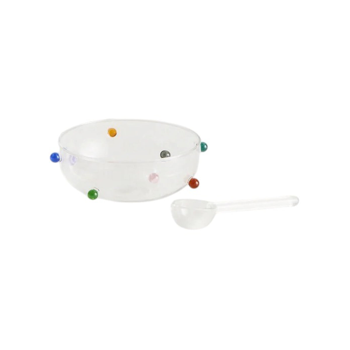 Maison Balzac Mignonette Sauce Set Clear & Multi – clear glass sauce bowl with multi-coloured glass beads and matching clear spoon