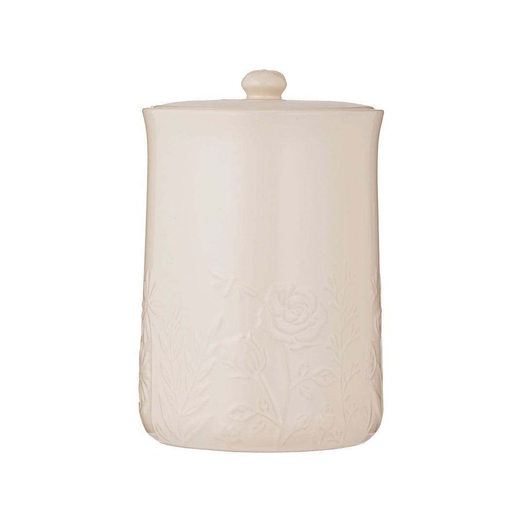 Elegant Mason Cash storage jar with delicate embossed floral detailing
