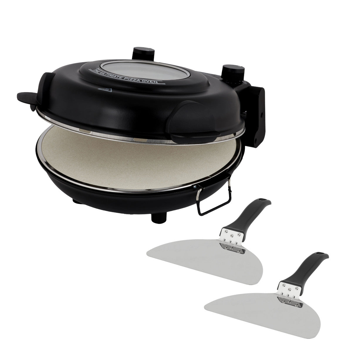 MasterPro Ultimate Pizza Oven Black with open lid and two pizza paddles on white background