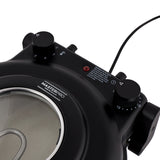 Close-up of MasterPro Ultimate Pizza Oven Black showing control knobs and glass viewing window