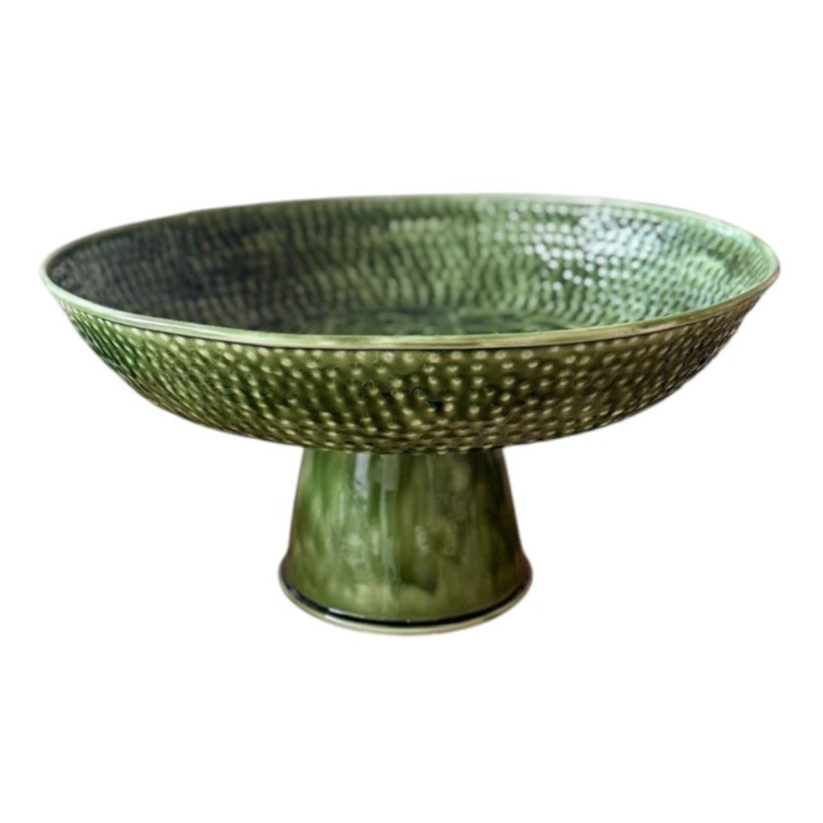 Mediterranean Market Wash Enamel Footed Tray Green 47cm, front angled view of green enamel tray with pedestal base on white background