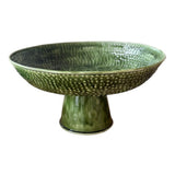 Mediterranean Market Wash Enamel Footed Tray Green 47cm, front angled view of green enamel tray with pedestal base on white background