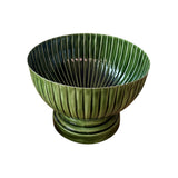 Mediterranean Market Wash Enamel Rib Vessel Green 38cm, front view of ribbed green enamel bowl on pedestal base