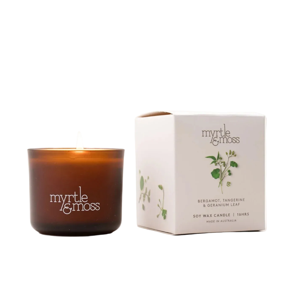 Myrtle and Moss Bergamot, Tangerine & Geranium Leaf 16 Hour Mini Candle 80g | Minimax