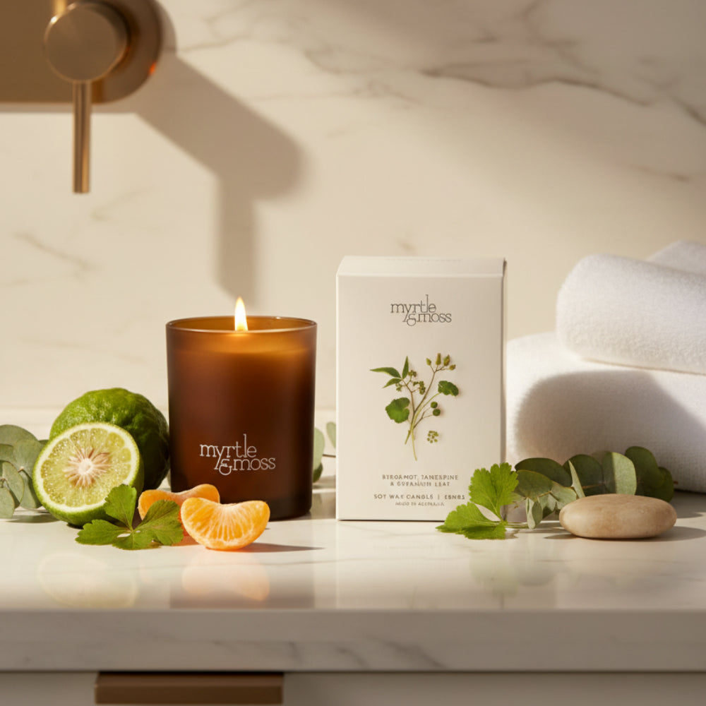 Myrtle and Moss Bergamot, Tangerine & Geranium Leaf 50 Hour Candle 300g | Minimax