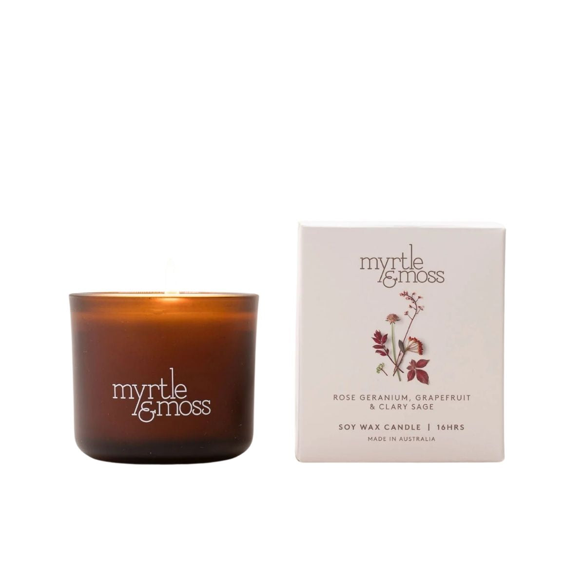 Myrtle and Moss Rose Geranium, Grapefruit & Clary Sage 16 Hour Mini Candle 80g