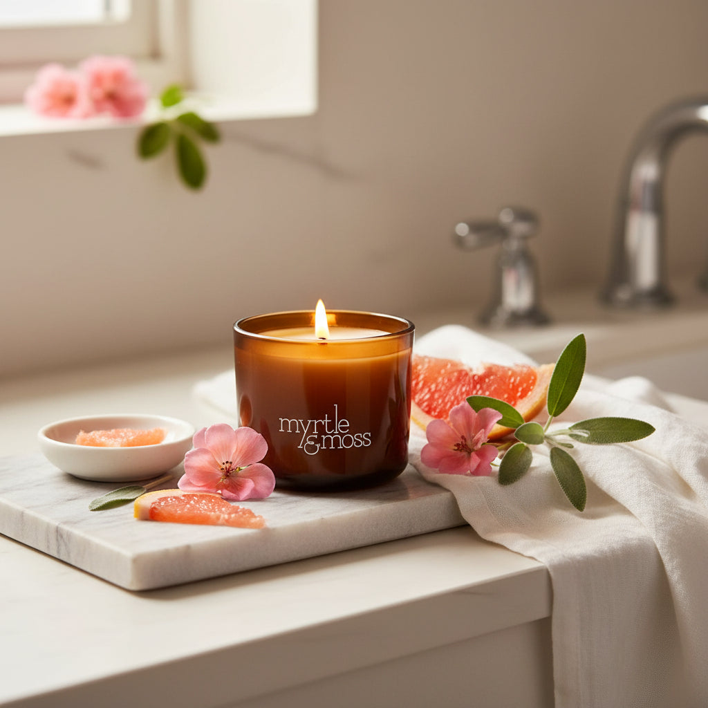 Myrtle and Moss Rose Geranium, Grapefruit & Clary Sage 16 Hour Mini Candle 80g | Minimax