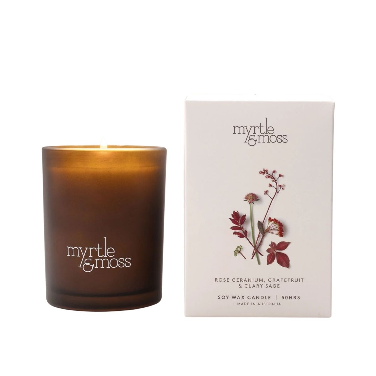 Myrtle and Moss Rose Geranium, Grapefruit & Clary Sage 50 Hour Candle 300g