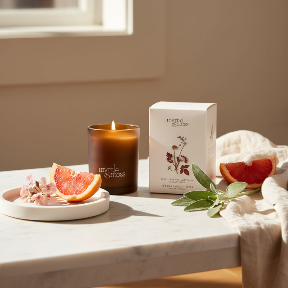 Myrtle and Moss Rose Geranium, Grapefruit & Clary Sage 50 Hour Candle 300g