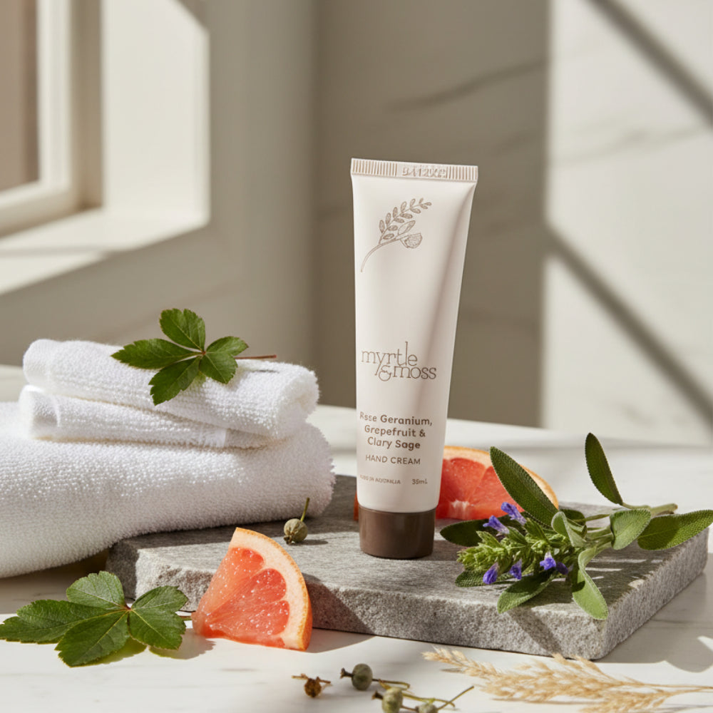Myrtle and Moss Rose Geranium, Grapefruit & Clary Sage Mini Hand Cream 30ml | Minimax