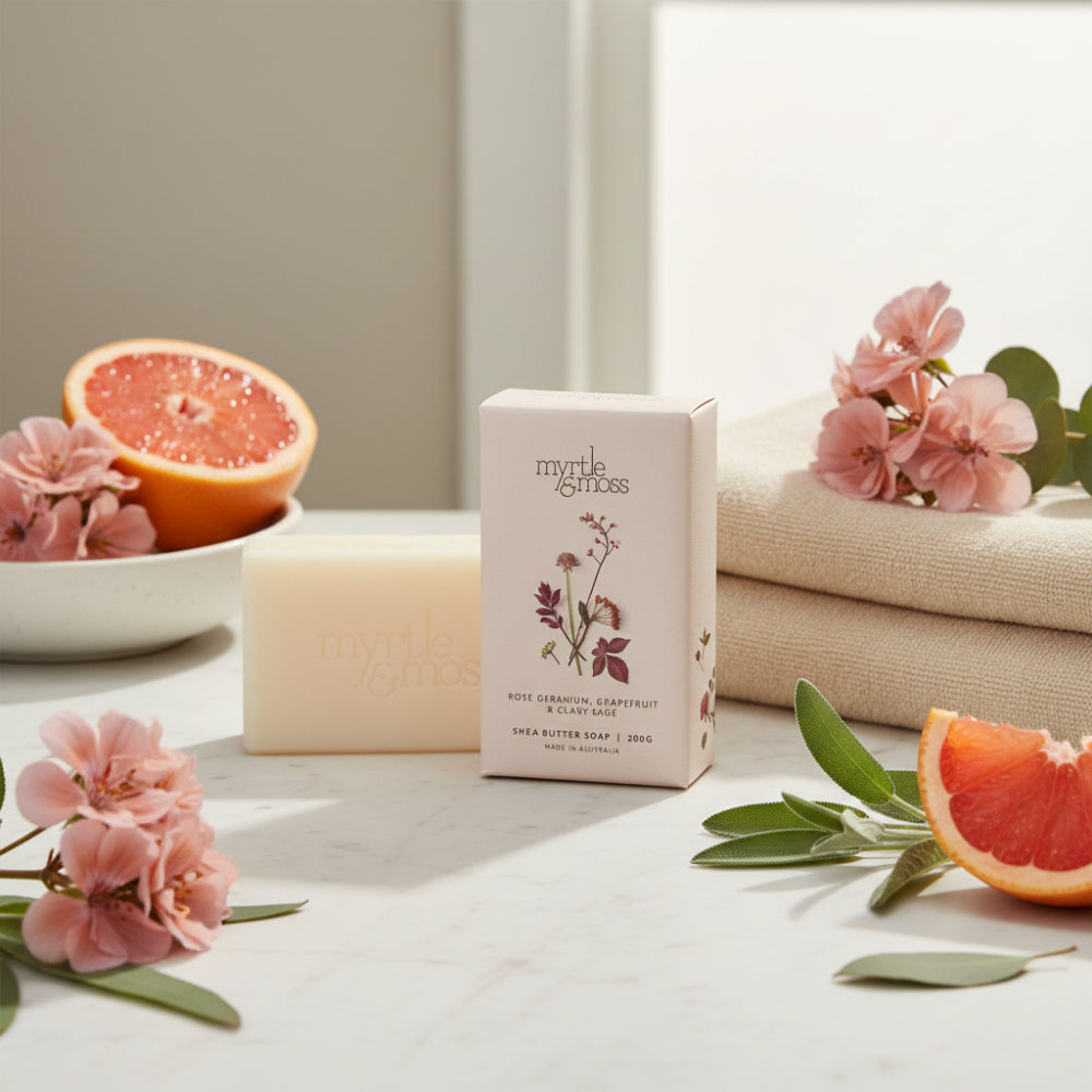 Myrtle and Moss Rose Geranium, Grapefruit & Clary Sage Shea Butter Soap 200g | Minimax