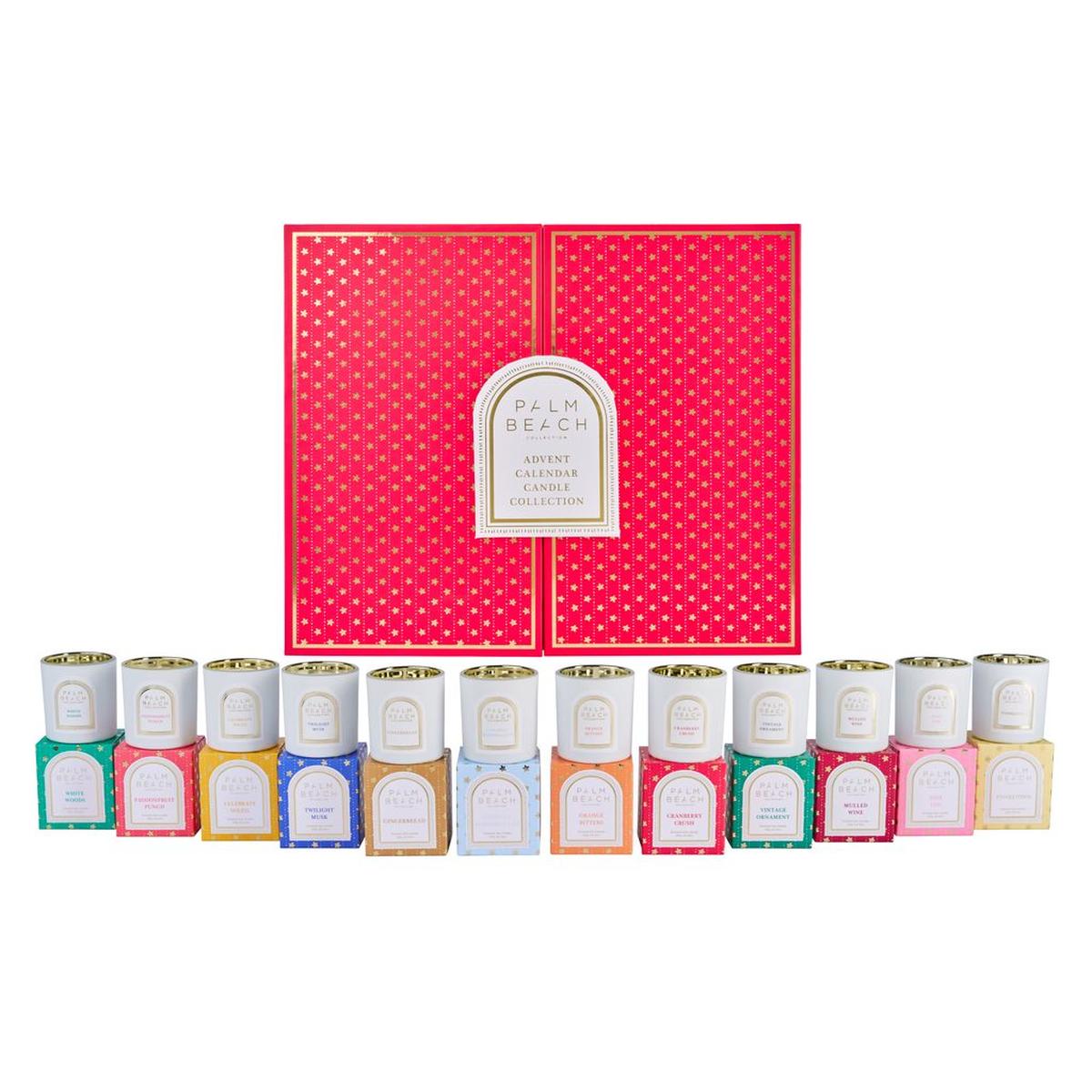 Palm Beach Collection Candle Advent Calendar – Christmas countdown set with 12 assorted candles in a festive red box.