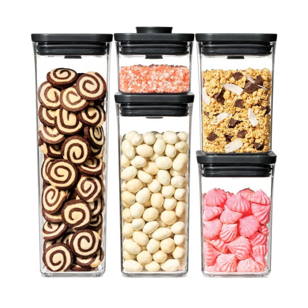 OXO POP 2.0 5 piece airtight food storage container set black lids kitchen pantry organisers