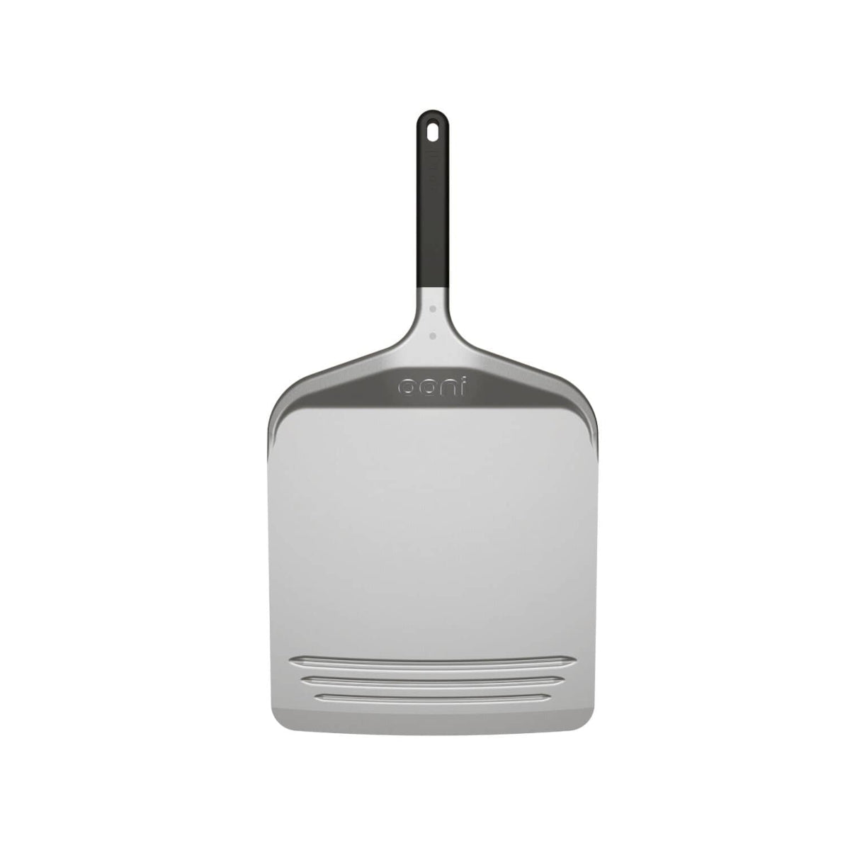 Front view of Ooni Compact Pizza Peel featuring a flat stainless-steel blade and black handle.