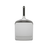 Front view of Ooni Compact Pizza Peel featuring a flat stainless-steel blade and black handle.