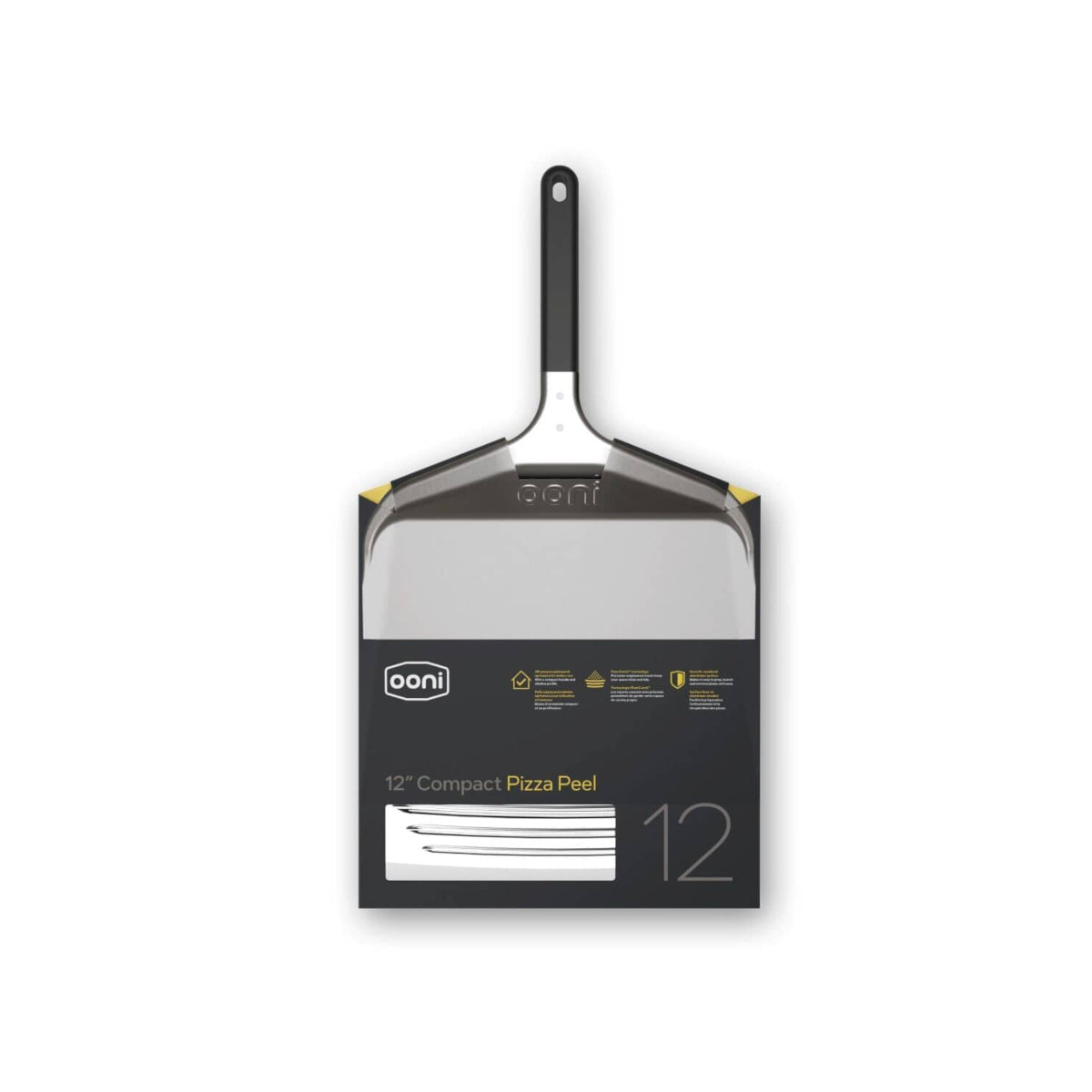 Front view of Ooni Compact Pizza Peel featuring a flat stainless-steel blade and black handle.