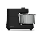 Side profile of the Ooni Halo Core Spiral Mixer in Foundry Black with stainless steel mixing bowl attached.