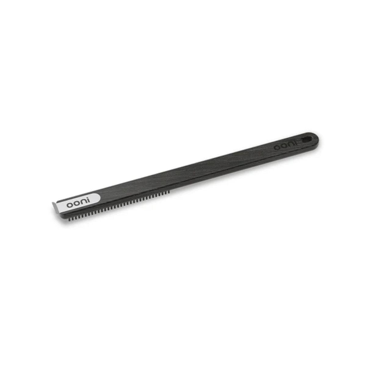 Ooni Pizza Oven Brush Short, angled view of compact pizza oven brush with wooden handle and metal scraper