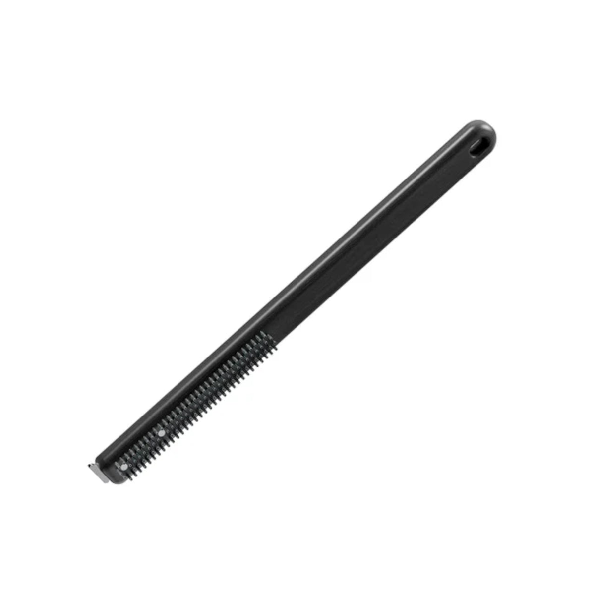 Ooni Pizza Oven Brush Short, angled view of compact pizza oven brush with wooden handle and metal scraper