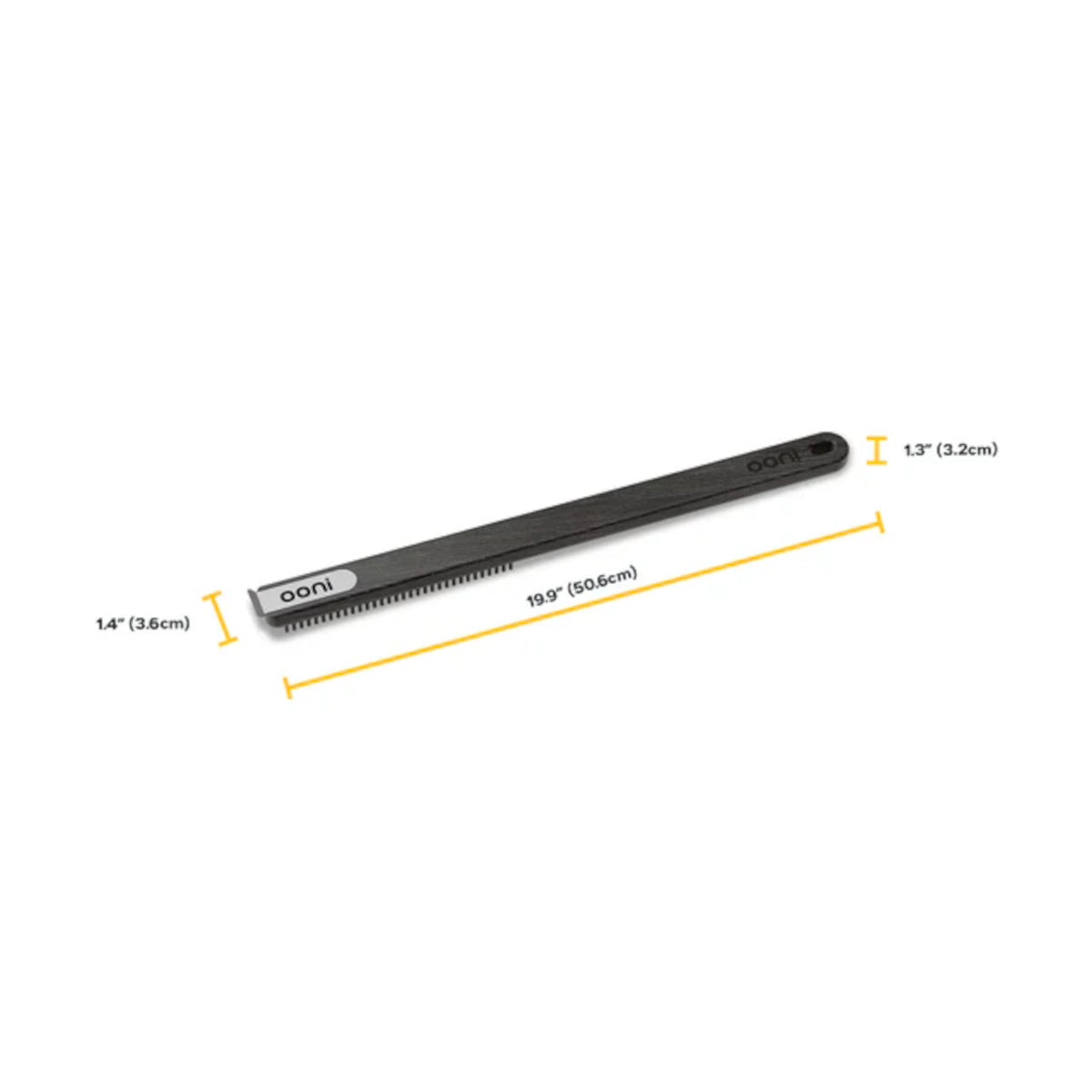 Ooni Pizza Oven Brush Short, angled view of compact pizza oven brush with wooden handle and metal scraper