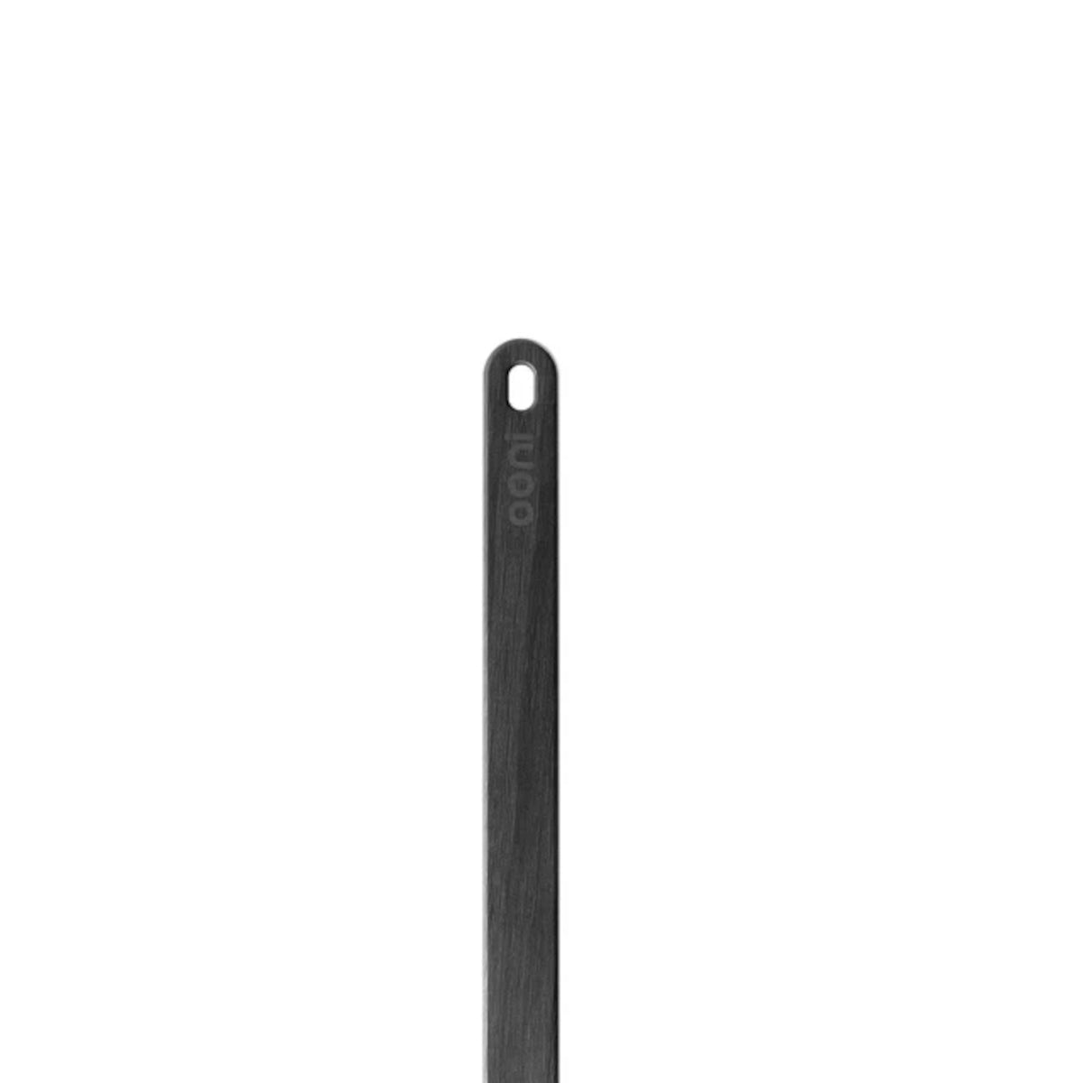 Ooni Pizza Oven Brush Short, angled view of compact pizza oven brush with wooden handle and metal scraper
