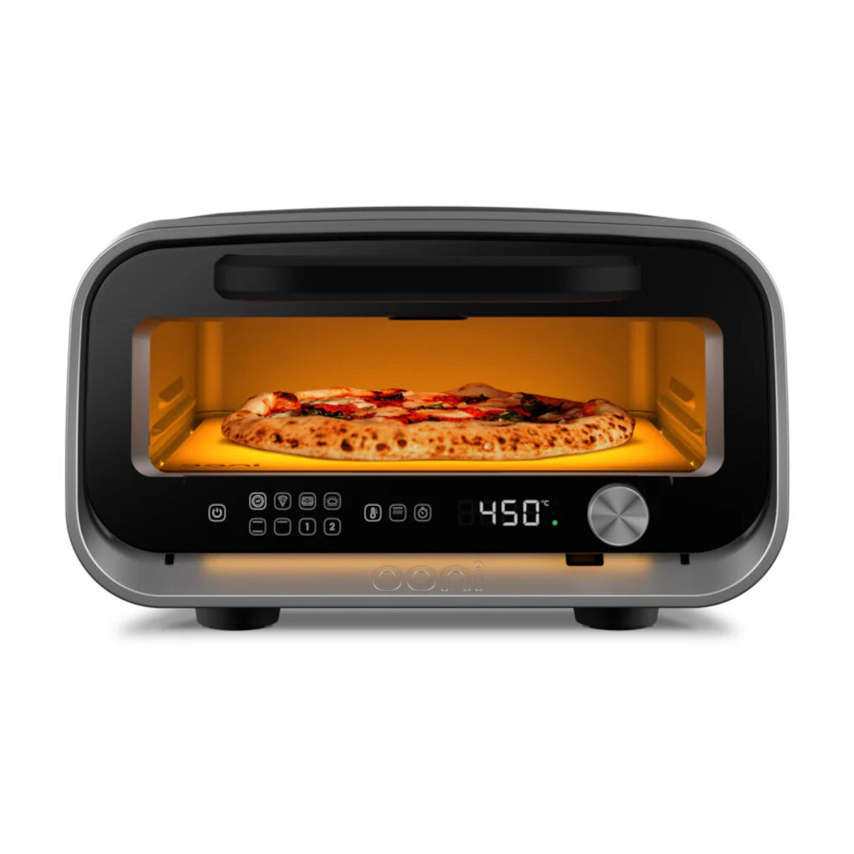 Ooni Volt 2 Pizza Oven Charcoal – labeled front diagram showing controls and display