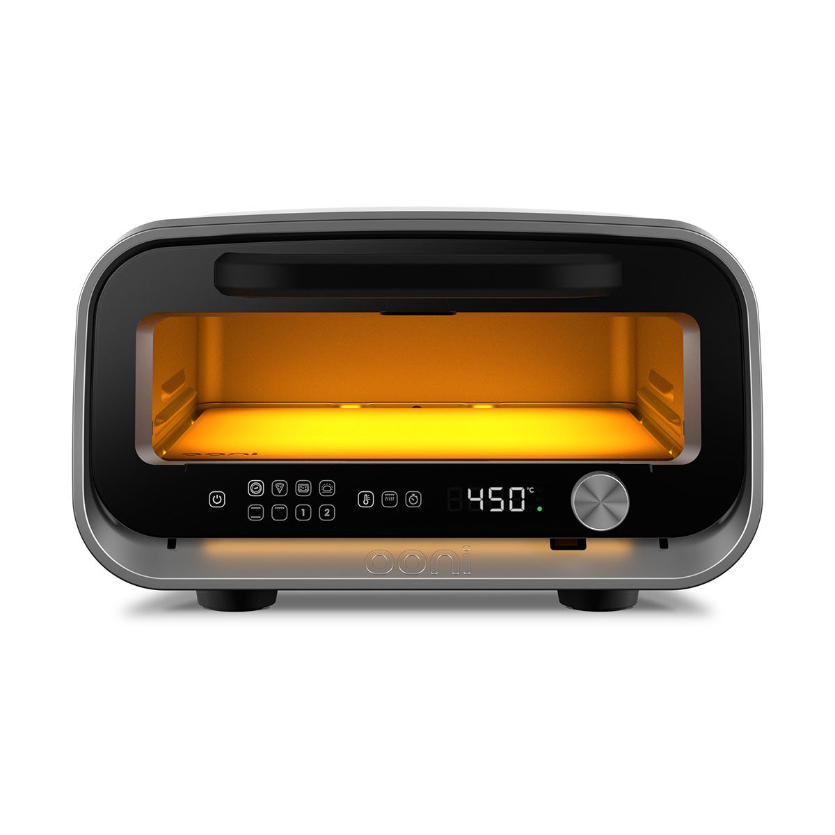 Ooni Volt 2 Pizza Oven Polar White – studio front view with orange-lit interior