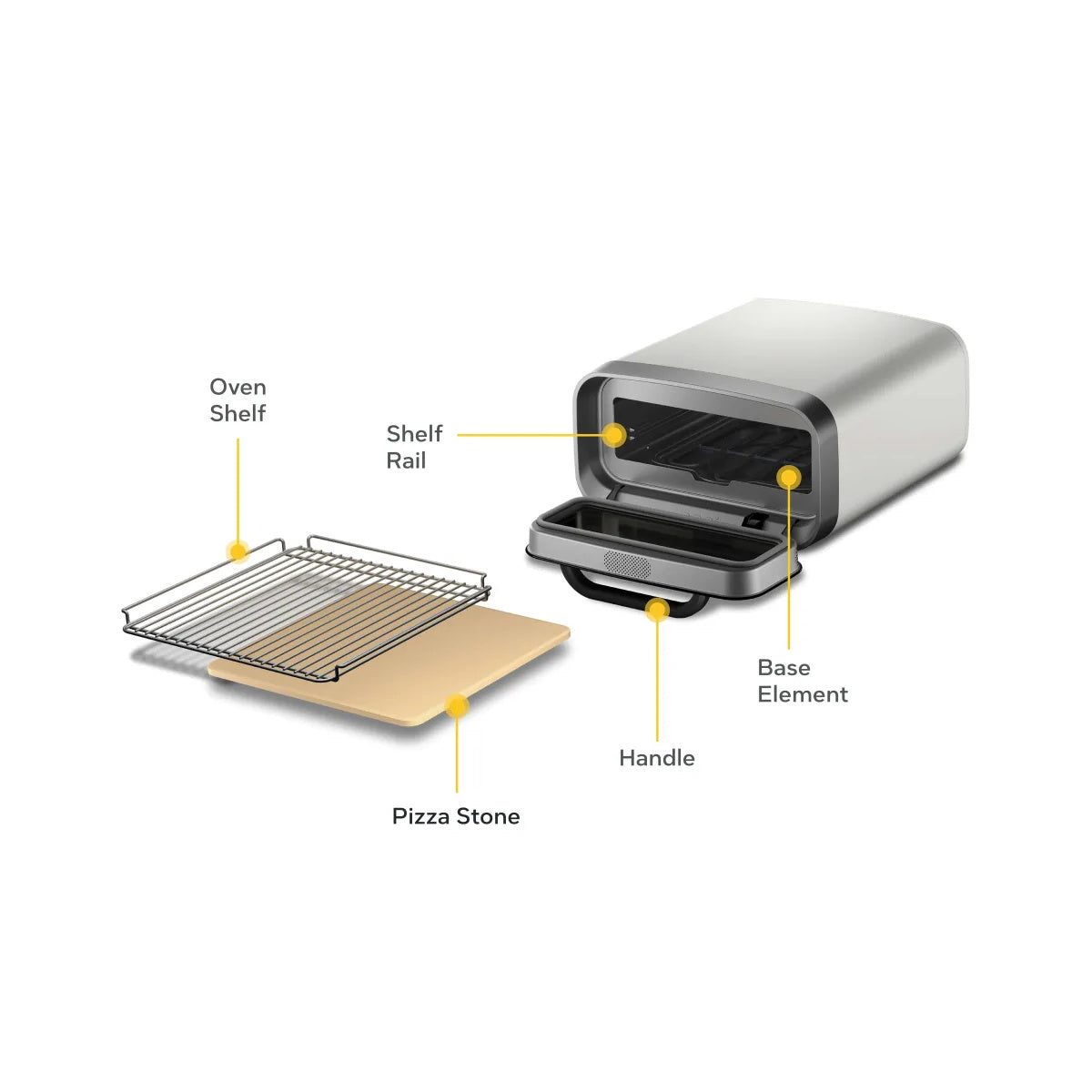 Ooni Volt 2 Pizza Oven Polar White – labeled diagram showing oven shelf and pizza stone