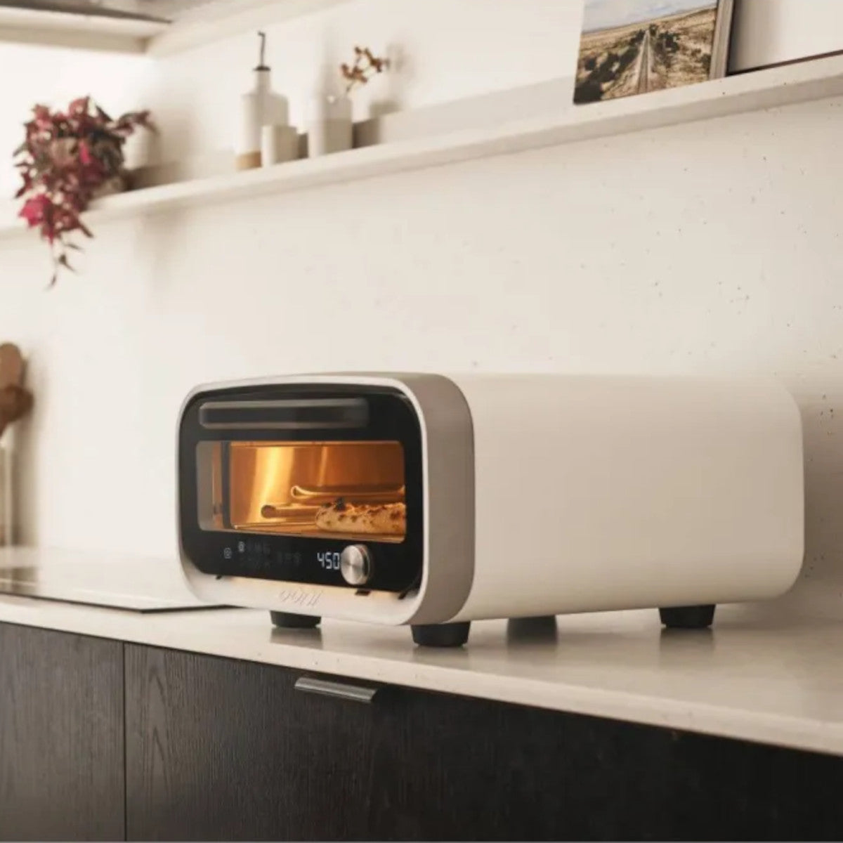 Ooni Volt 2 Pizza Oven Polar White – cooking pizza inside oven at 450 degrees