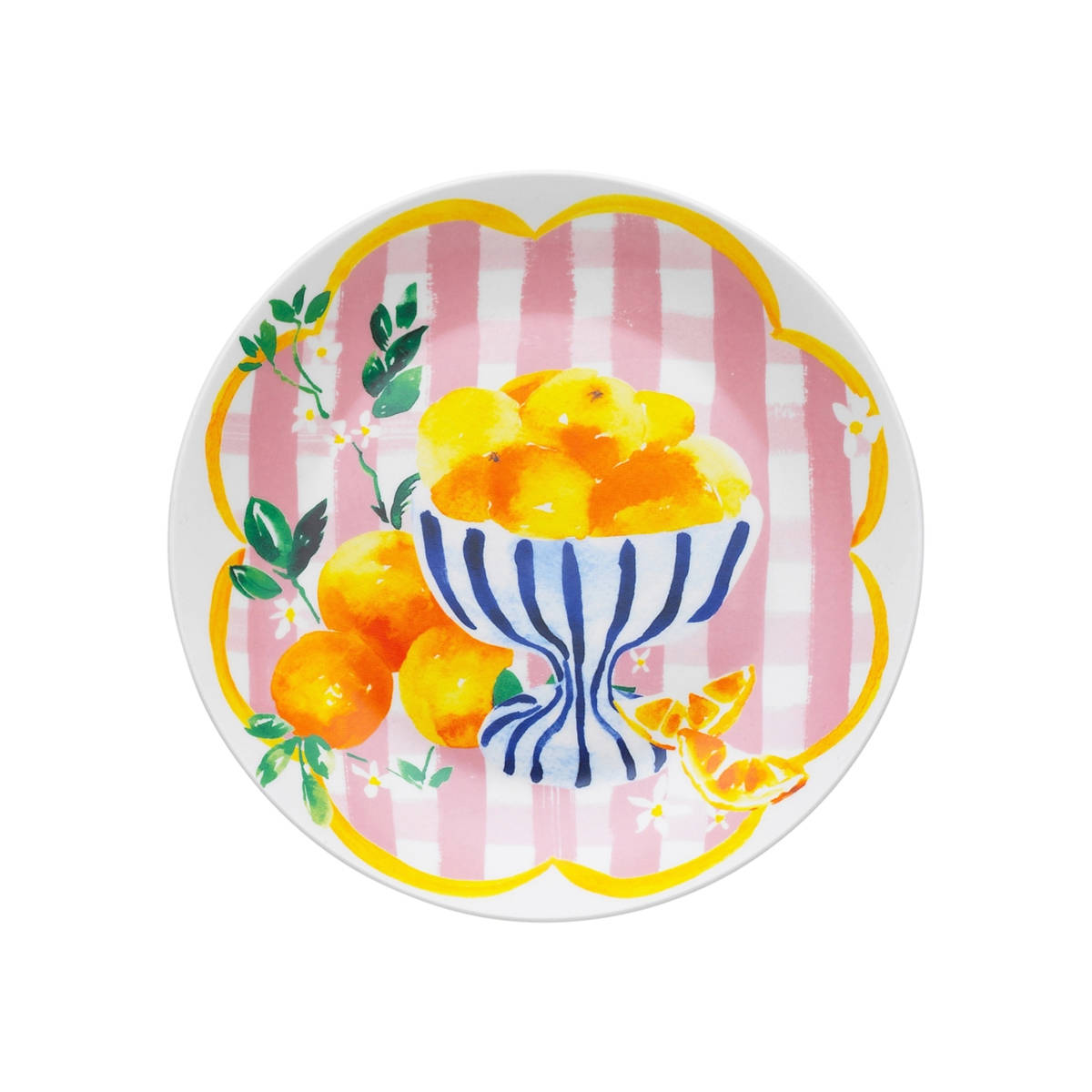 Porto Positano  Decorative Plate with Stripe Pattern and Peach Fruit design Side Plate Gingham 20cm | Minimax