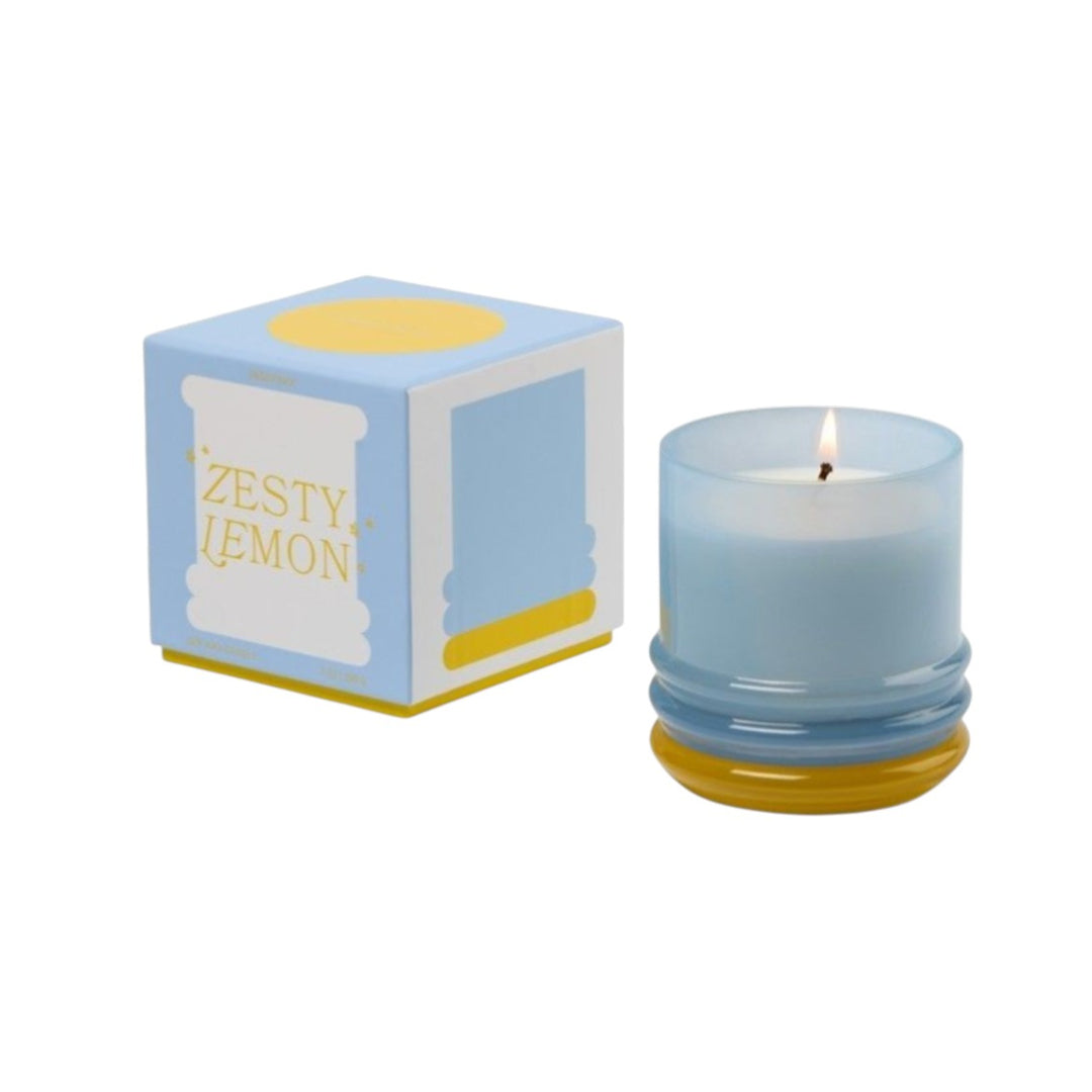 Paddywax Stacked Zesty Lemon Candle 198g, stacked ceramic candle in lemon-inspired design with lid