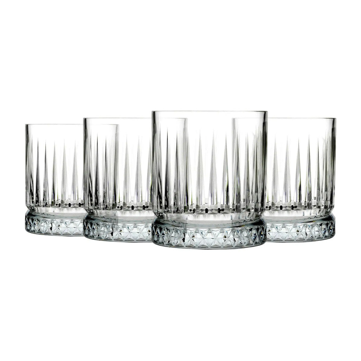 Pasabahce Elysia 355ml DOF tumblers with cut-glass design, clear glass, set of four.