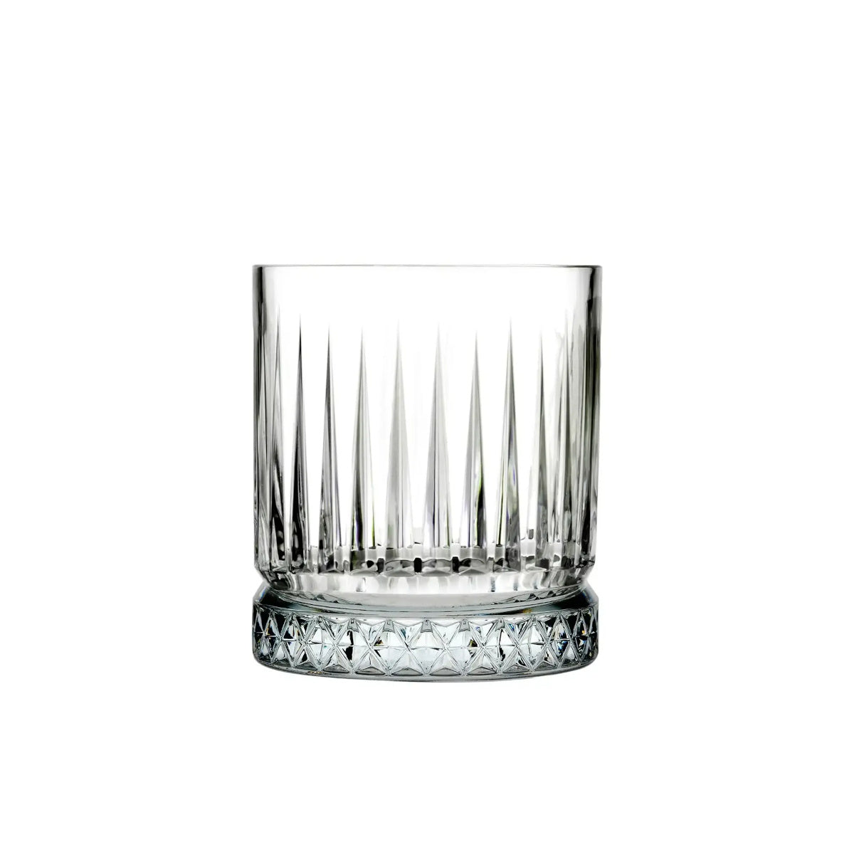 Single Pasabahce Elysia 355ml DOF tumbler with elegant cut-glass pattern and thick decorative base.