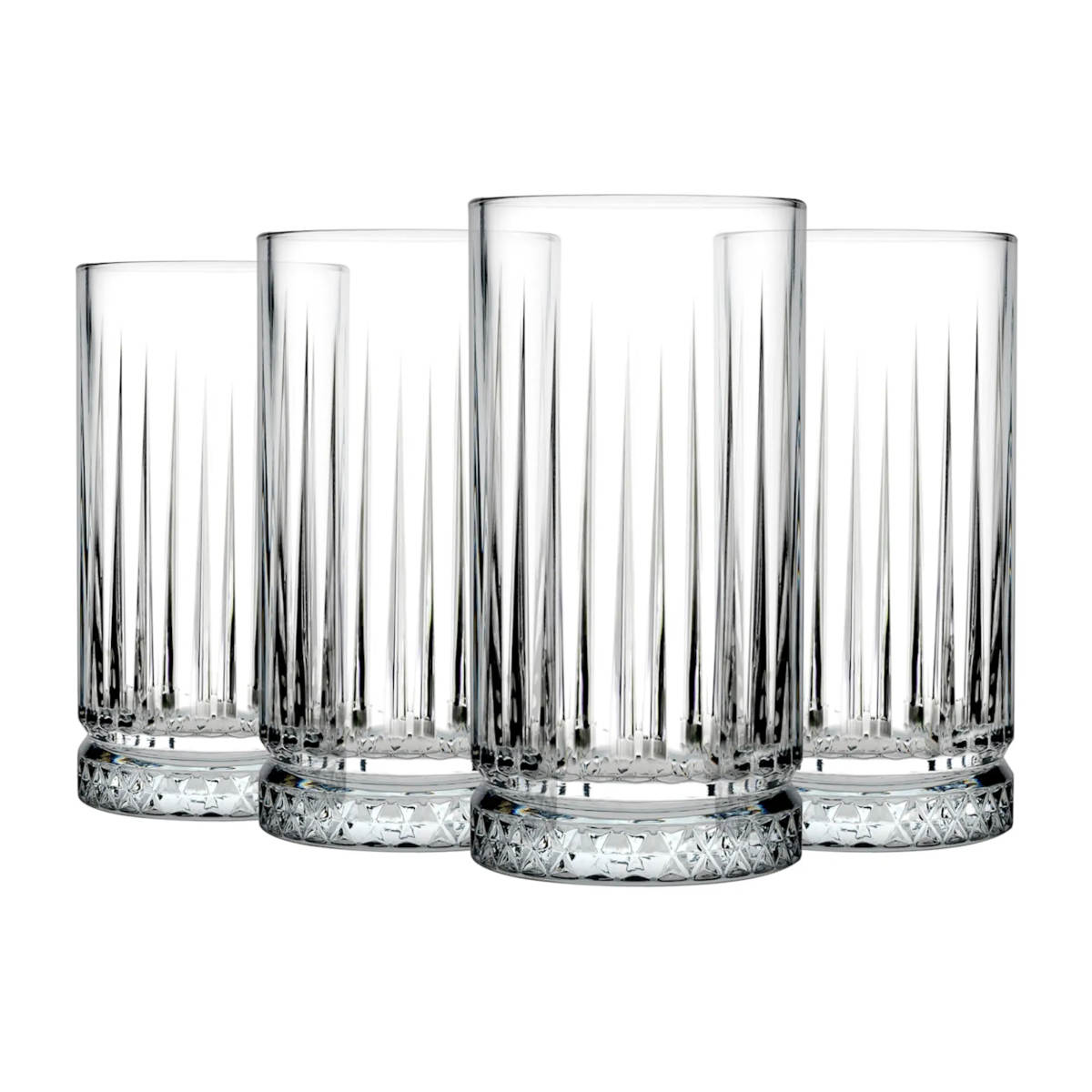 Pasabahce Elysia 445ml long drink glasses with cut-glass design, clear glass, set of four.