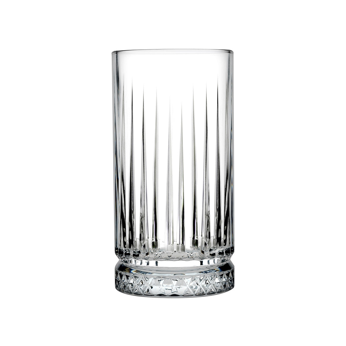 Single Pasabahce Elysia 445ml long drink glass with elegant cut-glass pattern and thick decorative base.