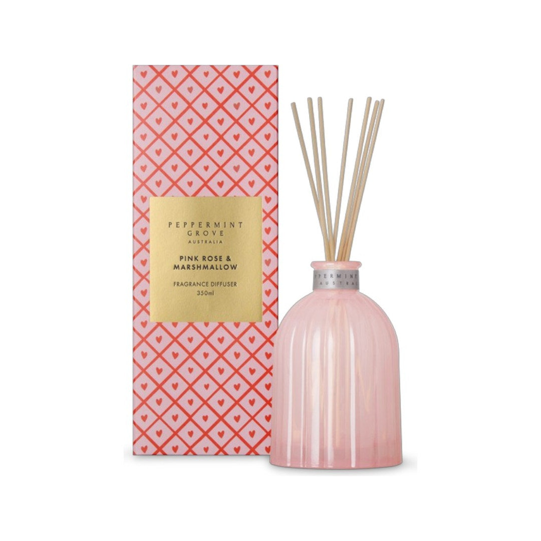 Peppermint Grove Pink Rose & Marshmallow diffuser 350ml with gift box, blush glass fragrance reed diffuser
