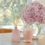 Peppermint Grove Pink Rose & Marshmallow diffuser styled with candle and flowers, blush home fragrance decor
