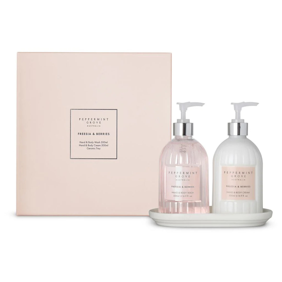 Peppermint Grove hand care gift set with freesia & berries wash and cream on ceramic tray