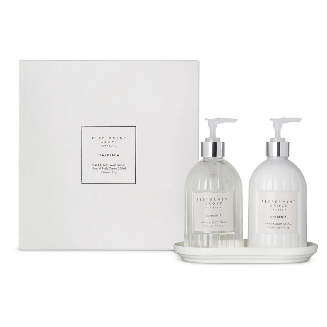 Classic Peppermint Grove Gardenia hand care duo with hand wash, body cream, and ceramic tray