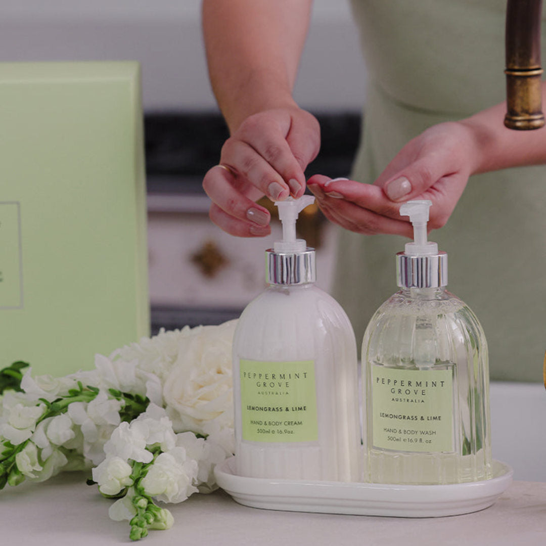 A vibrant gift set combining hand wash and body cream in uplifting lemongrass & lime