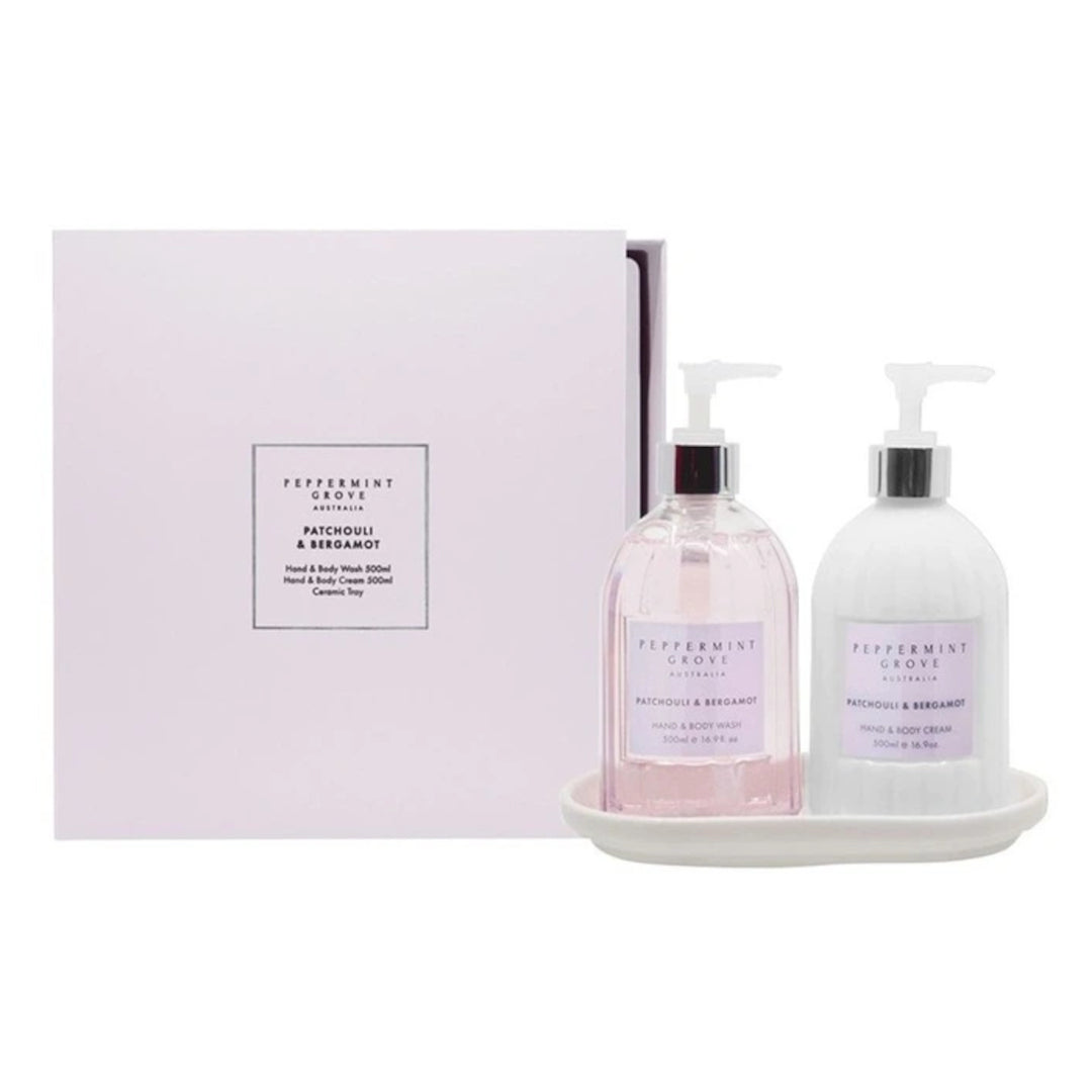 Elegant Peppermint Grove Patchouli & Bergamot hand care duo with a chic ceramic tray