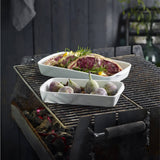 Pillivuyt Deep Rectangle Baker 1.5L – lifestyle view on a grill with figs and steak