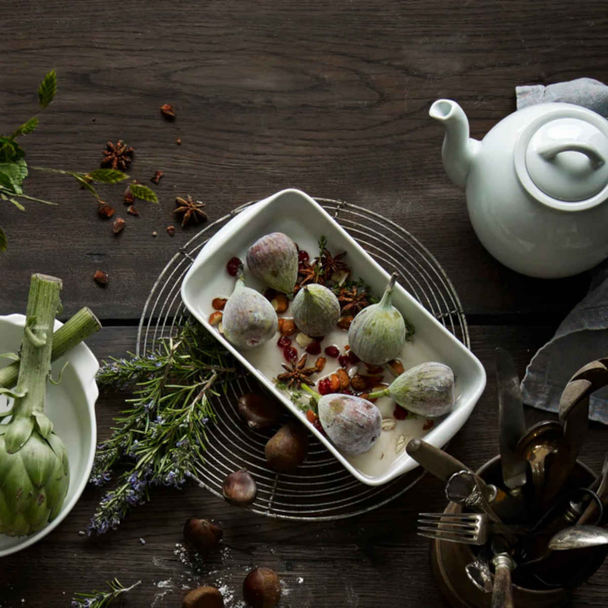 Pillivuyt Deep Rectangle Baker 2.75L – lifestyle view with figs, herbs, and spices styled on a rustic wooden table
