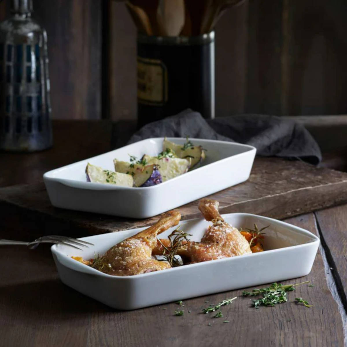 Pillivuyt Deep Rectangular Bakers Set of 2 – lifestyle view with roasted chicken and vegetables