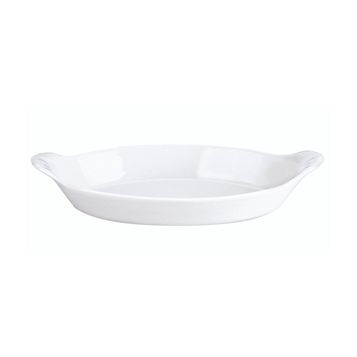 Pillivuyt Oval Eared Gratin 28 x 16cm – side view of classic white porcelain dish with signature eared handles