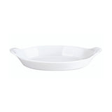 Pillivuyt Oval Eared Gratin 28 x 16cm – side view of classic white porcelain dish with signature eared handles