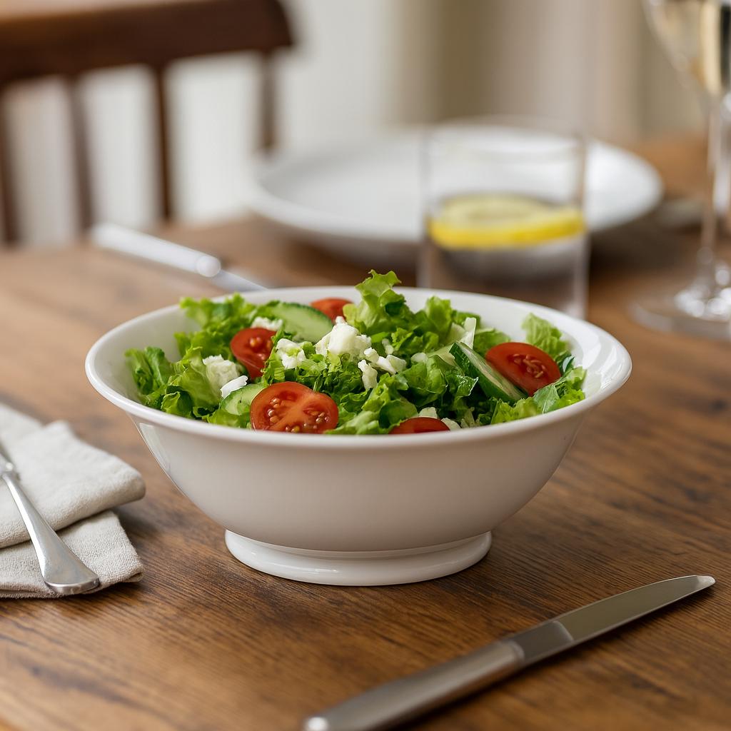 Pillivuyt Ordinaire Salad Bowl 22cm - filled with salad on a dining table with cutlery and a glass