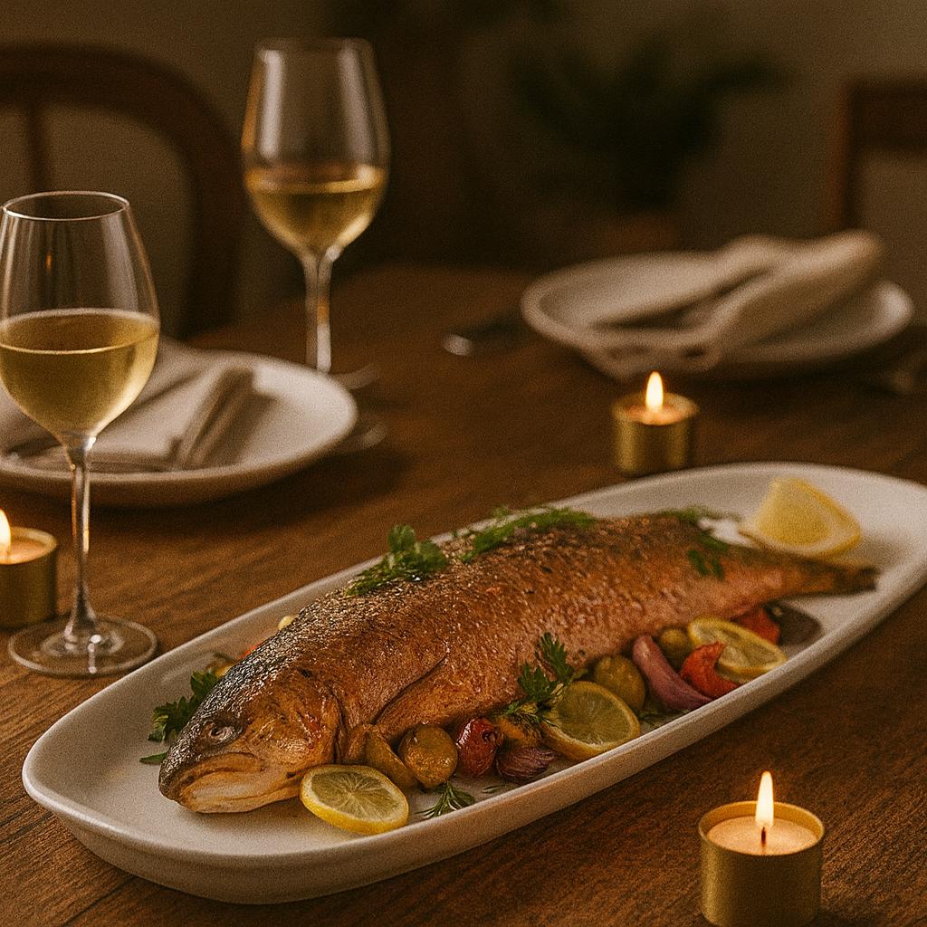 Pillivuyt Salmon Platter 53cm - Dinner table setting with roasted fish on the platter, lemon wedges, and white wine glasses.